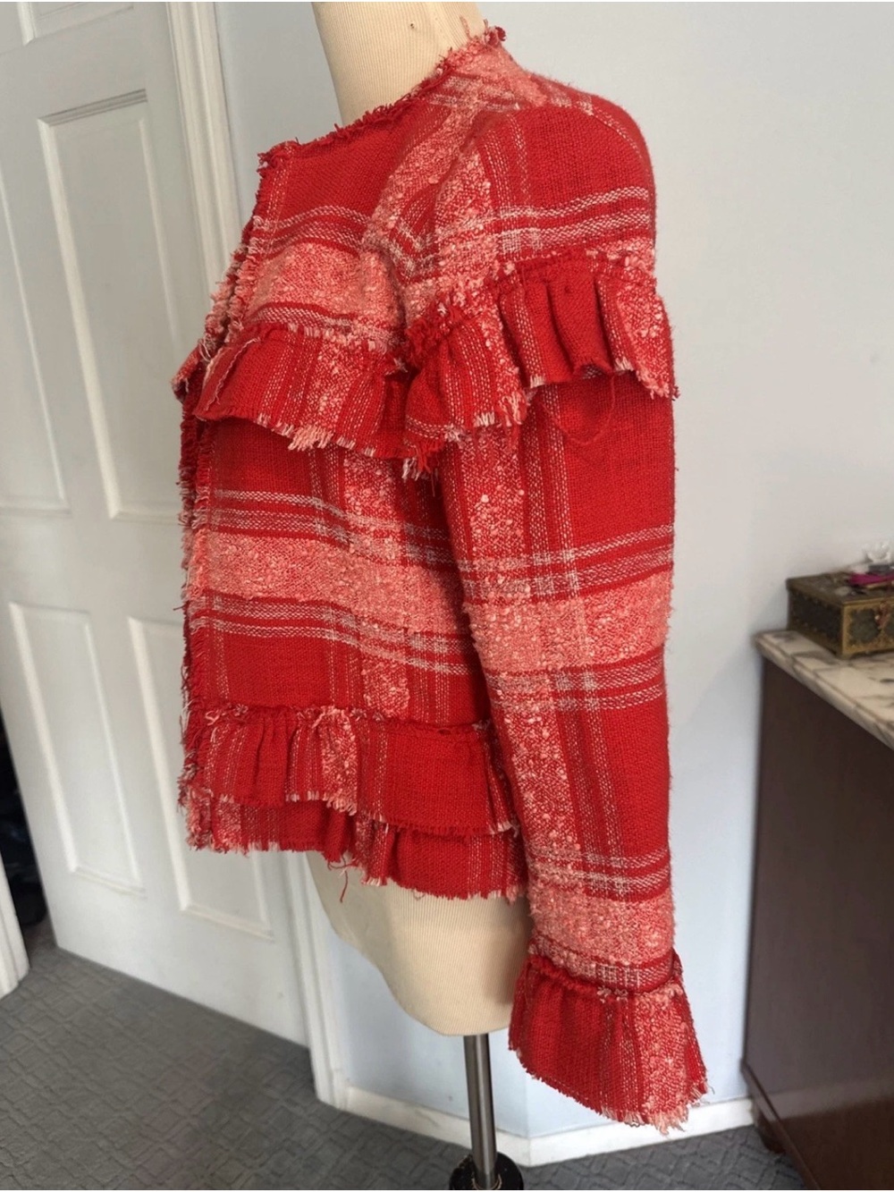 Zara Red Plaid Fringed Tweed Blazer Jacket - Picture 2 of 4